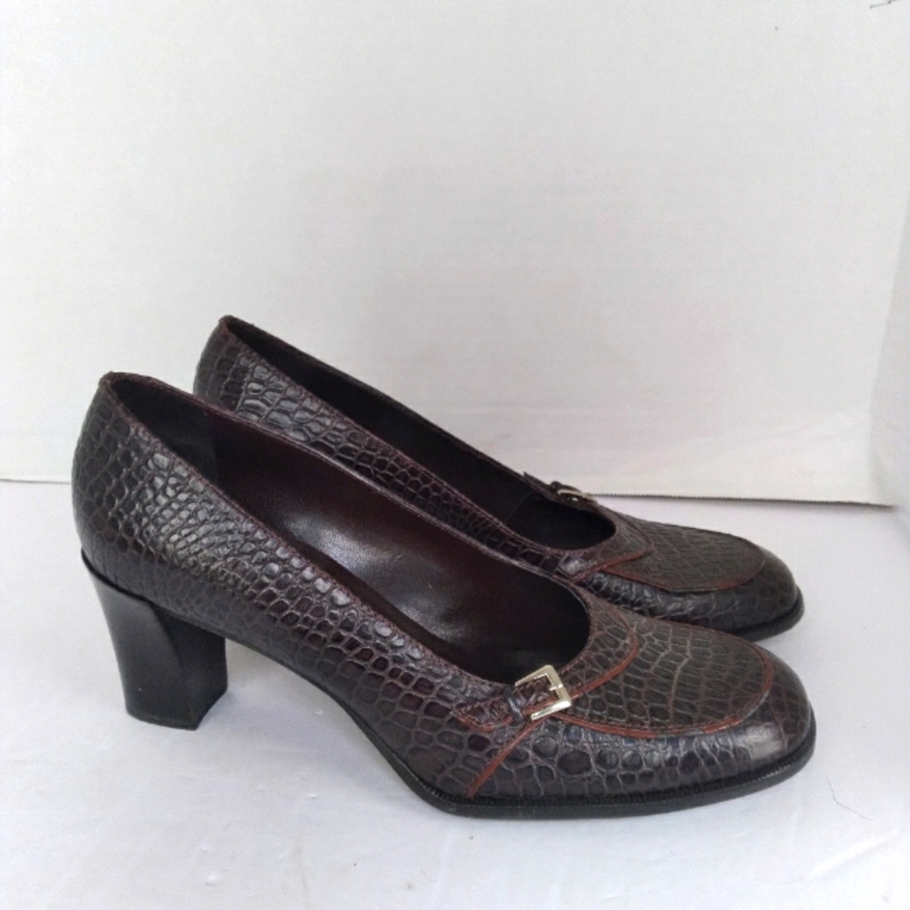 Franco‎ Sarto Brown Croc Embossed Leather Pumps Block Heel Shoes